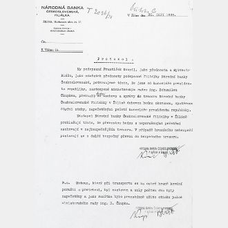 Protokol o uložení dubové okované bedny v trezoru filiálky v Žilině z 20. 9. 1938