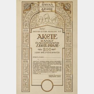 Nerealizovaný návrh akcie Banky československých legií s vyobrazením francouzského, ruského a italského legionáře, Archiv ČNB, fond Ukázky bankovní techniky