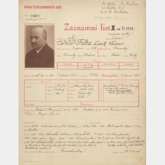 Zaměstnanecká karta ruského legionáře a ředitele filiálky v Kolíně a Berehovu Ludvíka Vladimíra Falty (1886-1945), který byl v roce 1943 zatčen a vězněn pro svou odbojovou činnost, Archiv ČNB, Osobní spisy