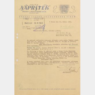 Hlavičkový papír firmy – Vojta Náprstek, výroba a prodej lihovin, Praha